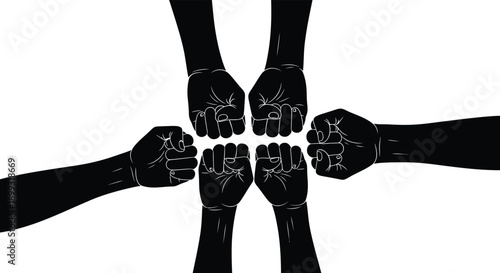 Four clenched fists powerfully represent unity and solidarity depicted in a striking black silhouette on transparent background high quality professional detailed