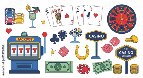 A vibrant collection of casino-themed illustrations, featuring slot machines, playing cards, roulette wheels, dice, chips, money, and cocktails.
