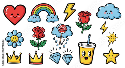 A collection of cute, cartoon-style illustrations featuring hearts, rainbows, flowers, clouds, lightning bolts, crowns, diamonds, and a drink.