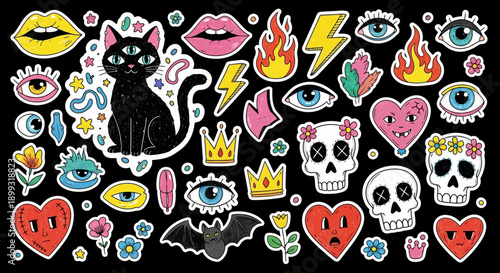A collection of vibrant, quirky, and mystical stickers featuring a black cat with three eyes, skulls, hearts, lips, lightning bolts, and floral elements on a black background.