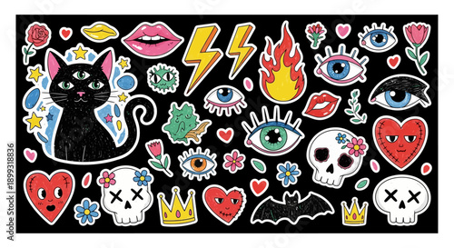 A vibrant collection of quirky and mystical stickers featuring a black cat, skulls, hearts, eyes, lips, and lightning bolts on a black background.