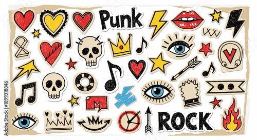 A vibrant collection of punk and rock-themed graphic elements, including hearts, skulls, lightning bolts, lips, and musical notes, presented as stickers on a textured background.