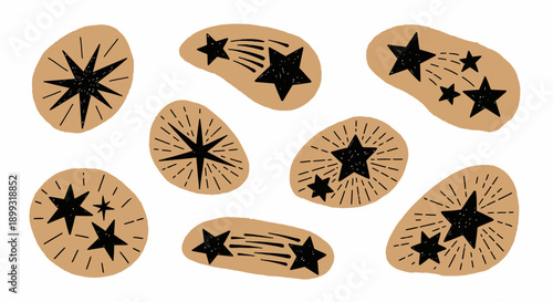 A collection of hand-drawn starbursts and shooting stars on a textured brown background.