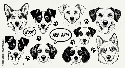 A charming collection of diverse dog portraits, showcasing various breeds and expressions, with playful paw prints and speech bubbles.