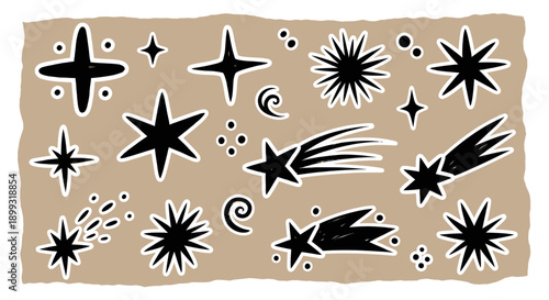 A collection of hand-drawn black star illustrations on a textured brown background, featuring various star shapes, shooting stars, and small dots.