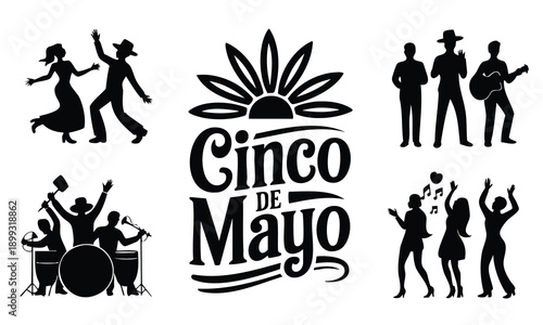 Cinco de mayo silhouettes festive celebration set bundle vector illustration