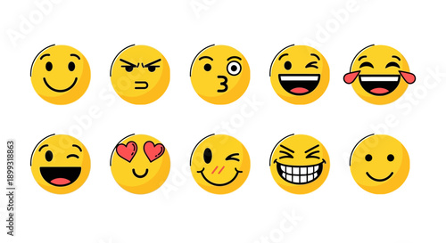 A collection of ten yellow smiley face emojis with various expressions, arranged in two rows.