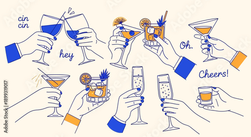 A collection of hands holding various cocktail glasses and drinks, celebrating with toasts and cheers.