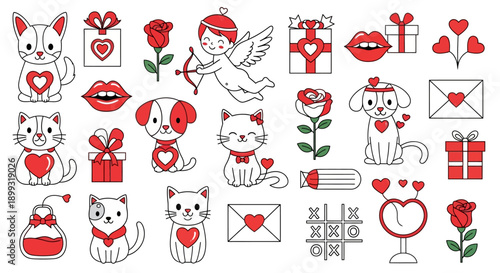 A charming collection of cute Valentine's Day themed illustrations featuring animals, gifts, and romantic symbols.