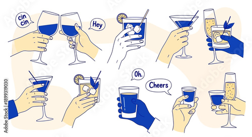 Collection of hands holding various alcoholic and non-alcoholic beverages, celebrating with toasts and cheers.