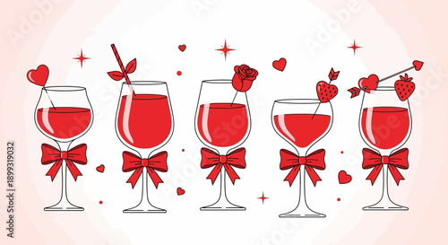 Five elegant wine glasses filled with red liquid, adorned with festive red bows and heart-shaped decorations, perfect for a romantic celebration.