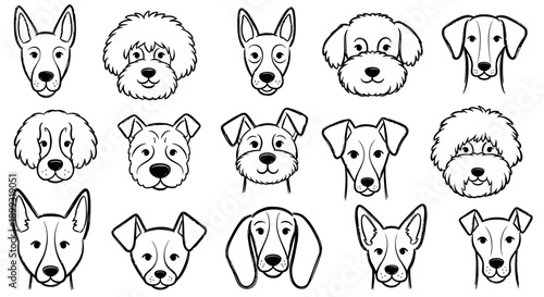 A collection of diverse dog breed faces, presented in a clean, black and white line art illustration style.