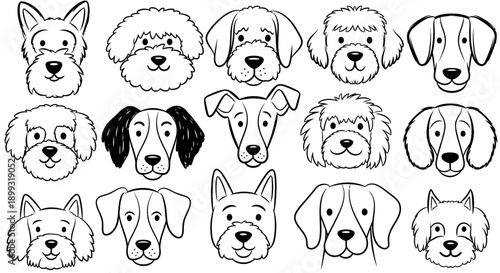 A collection of diverse dog faces, each with unique features and expressions, drawn in a simple black and white line art style.