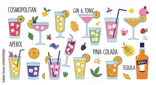 A vibrant collection of hand-drawn cocktails and their ingredients, showcasing popular drinks like Cosmopolitan, Aperol, Gin & Tonic, and Pina Colada.