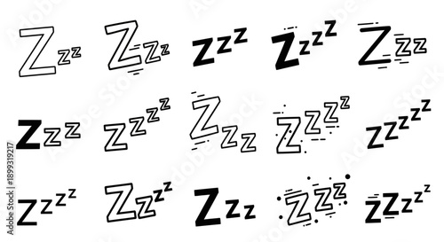 A collection of various hand-drawn and digital illustrations of the letter Z, representing sleep or snoring.