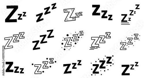 A collection of stylized 'Zzz' symbols representing sleep, snoring, or rest, in various artistic interpretations.