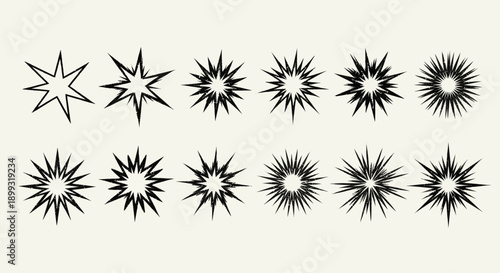A collection of twelve black starburst and explosion graphic elements on a cream background.