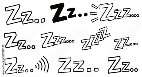 A collection of hand-drawn "Zzz" symbols representing sleep and snoring, in various styles and sizes.