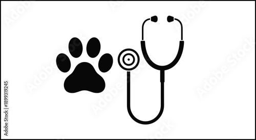 Veterinary symbol vector with paw print and stethoscope, animal healthcare icon for pet clinic, vet service, medicine and care design.