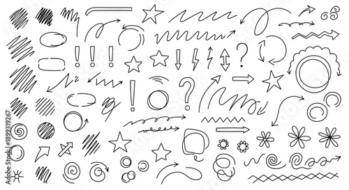 A comprehensive collection of hand-drawn doodle elements, including arrows, stars, question marks, exclamation points, and abstract shapes.