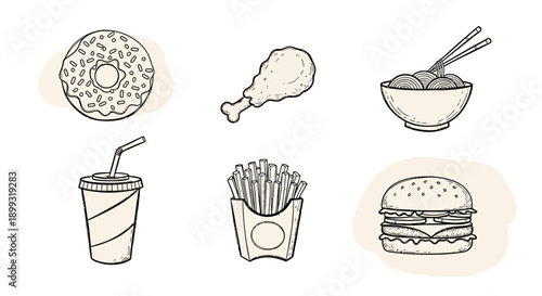 A collection of six hand-drawn illustrations of popular fast food items, including a donut, fried chicken, noodles, a drink, french fries, and a hamburger.