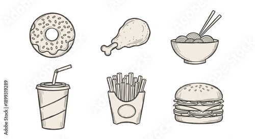 A collection of six hand-drawn illustrations of popular fast food items, including a donut, fried chicken leg, bowl of rice with chopsticks, soda cup, french fries, and a hamburger.
