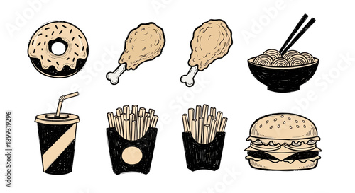 A collection of delicious and unhealthy fast food items, including a donut, fried chicken, fries, a burger, and a drink.