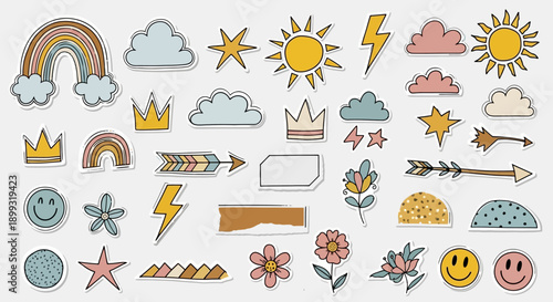 A collection of cute, hand-drawn, boho-style illustrations featuring rainbows, suns, clouds, stars, lightning bolts, crowns, arrows, smiley faces, and flowers.