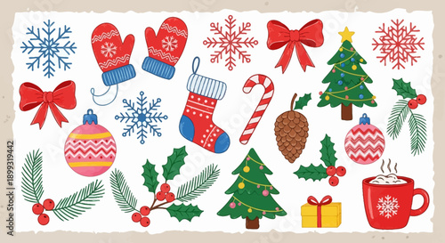 A vibrant collection of festive Christmas and winter holiday icons, including snowflakes, mittens, stockings, candy canes, and decorated trees.