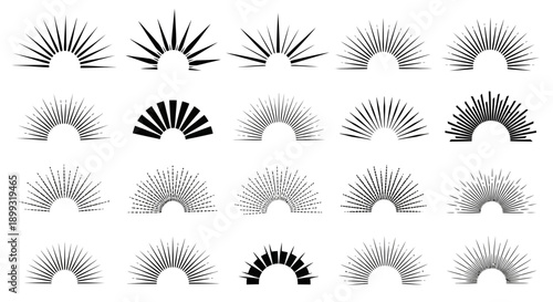 A collection of diverse sunburst graphic elements, featuring radiating lines and semi-circular patterns.