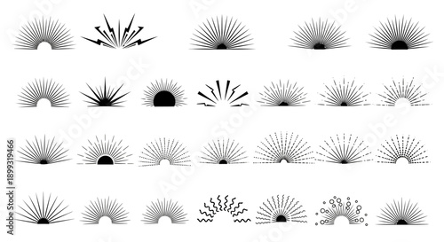 A collection of diverse sunburst and sunrise graphic elements, featuring radiating lines and stylized suns.