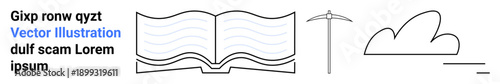 Education, exploration, weather, tools, reading, outdoor activities. Minimalist line art shows an open book, pickaxe cloud and horizon shapes. Education and exploration concepts