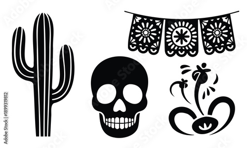 Set bundle cinco de mayo silhouette cactus skull and festive banners