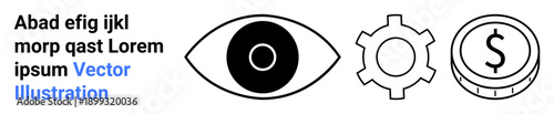 Eye icon symbolizes vision, gear depicts processoperation, and coin represents financial growth or revenue. Ideal for business strategies, innovation, startups, productivity, economic growth