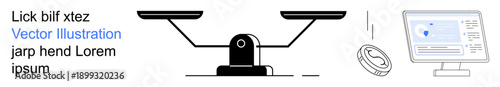 Financial decisions, business management, digital transactions, technology balance, economy visualization, finance education. Balanced scales, coin, and computer screen showing digital data
