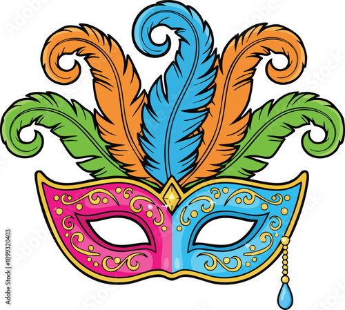 Colorful mardi gras masquerade mask with feathers illustration