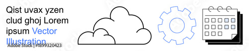 Digital transformation, process automation, cloud computing, project management, scheduling tools, IT workflow. Simplistic icons show cloud, gear and calendar. Cloud computing and process automation