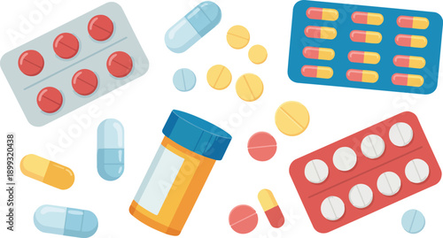 Medical Pills & Capsules Outline Icon Set Blister Packs, Medicine Bottle, and Pharmacy Essentials