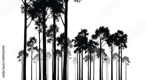 A dense forest of tall trees depicted as a striking black silhouette on transparent background high quality professional detailed modern elegant