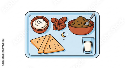 Breakfast Tray with Pancakes, Chocolate Porridge, and Milk on Blue Background