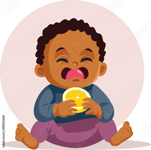 Vector Baby Grimaces at the Sour Taste of a Lemon. Infant foodie discovering a yellow lemon and a shocked facial expression