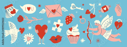 Cartoon cute funny stickers for St. Valentine's Day on February 14 in retro 90s style. Romantic elements, love envelope, hearts, love, cupid, gifts, dove, rose, sweets, flower. Print, banner.