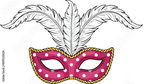 Carnival masquerade mask with feathers, venetian style, hand drawn outline illustration