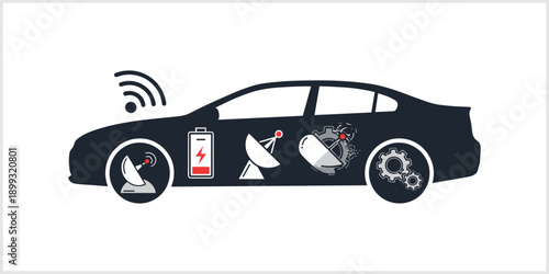 Smart Car Technology Connectivity Battery Satellite Gears.