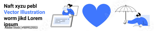 Healthcare, caregiving, protection, well-being, digital communication, safety symbolism. Blue icons including a tablet, caregiver heart and umbrella. Healthcare and caregiving in minimalist design