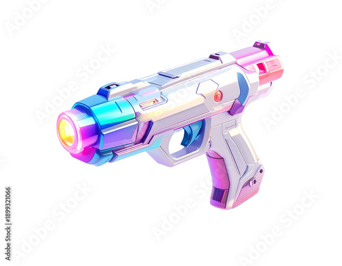 Futuristic sci-fi blaster gun with vibrant iridescent colors and detailed design