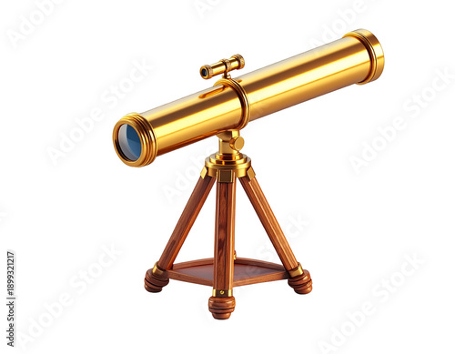 Golden, ornate telescope on tripod, against a black background