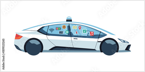 Autonomous Car with Smart Technology Icons on Windshield.