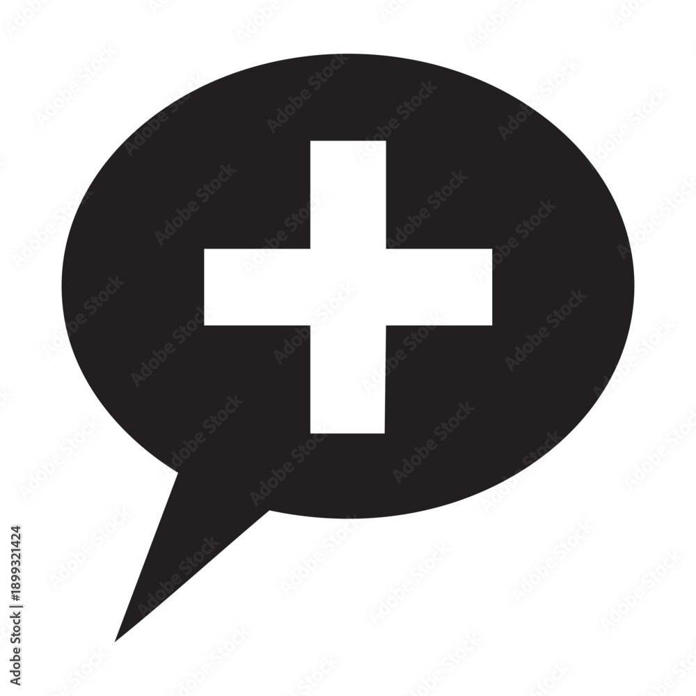 Fototapeta premium Black speech bubble with a white plus sign, symbolizing adding information, positive feedback, or new content.