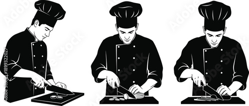 Three chefs in uniform preparing food showcasing a dynamic pose and stylish silhouette on transparent background high quality professional detailed modern